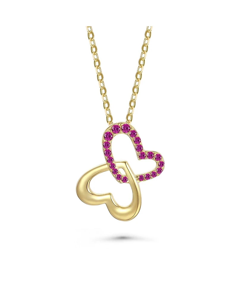 14k Yellow Gold Plated with Cubic Zirconia Double Heart Butterfly Pendant Necklace Sterling Silver