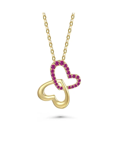14k Yellow Gold Plated with Cubic Zirconia Double Heart Butterfly Pendant Necklace Sterling Silver
