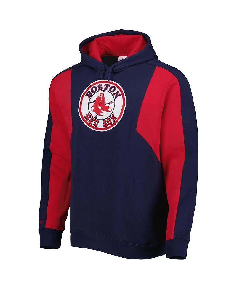 Men's Mitchell & Ness Navy, Red Boston Red Sox Colorblocked Fleece Pullover Hoodie