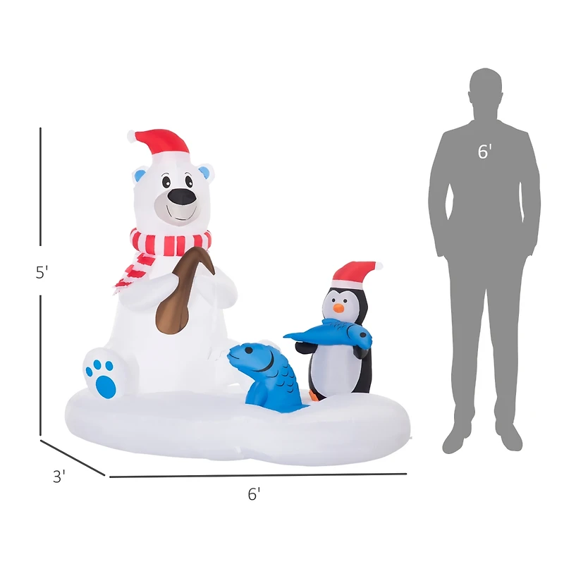 Outsunny 6' Inflatable Christmas Polar Bear and Penguin Fishing on Board Led