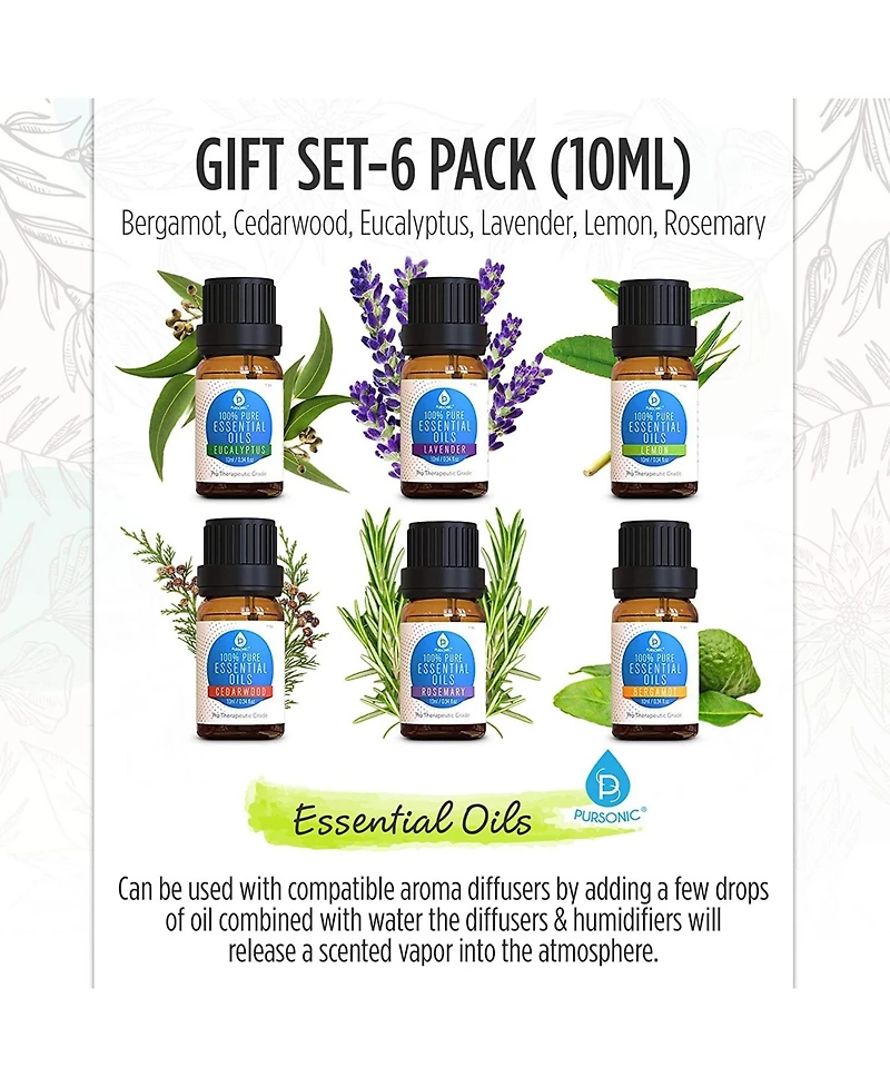 Pursonic 6 Pack of 100% Pure Essential Aromatherapy Oils