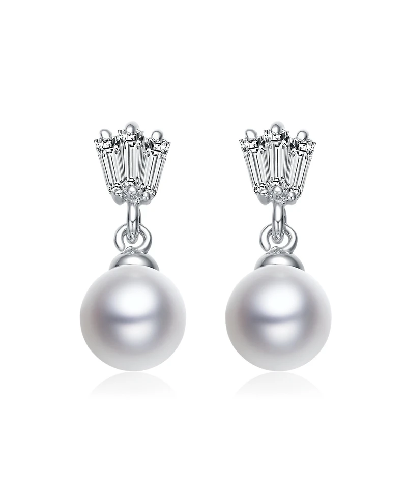 Gv Sterling Silver White Gold Plated White Round Freshwater Pearl with Clear Baguette Cubic Zirconia Drop Earrings