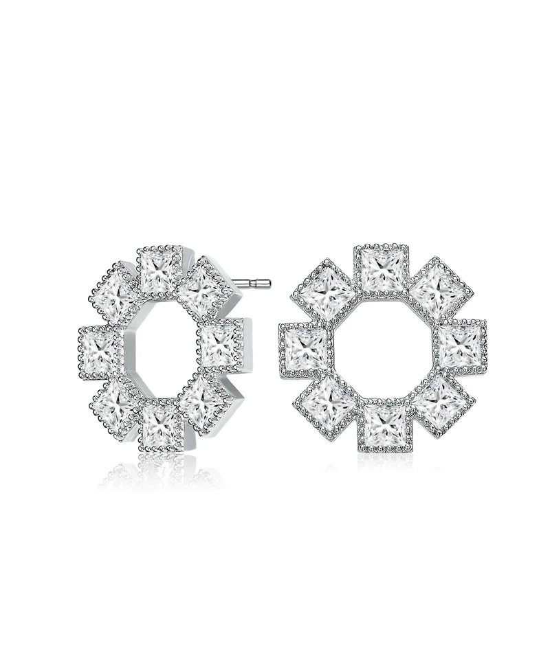 Gv Sterling Silver White Gold Plated Eight Stone Clear Princess Cubic Zirconia Bezel Earrings