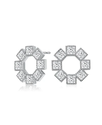 Gv Sterling Silver White Gold Plated Eight Stone Clear Princess Cubic Zirconia Bezel Earrings