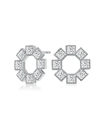 Gv Sterling Silver White Gold Plated Eight Stone Clear Princess Cubic Zirconia Bezel Earrings