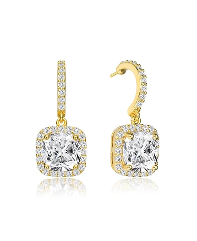 Gv Sterling Silver with 14K Gold Plated Clear Cushion with Round Cubic Zirconia Halo Drop Earrings