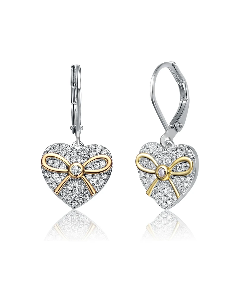 Gv Sterling Silver White Gold Plated Two Tone with Clear Cubic Zirconia Leaverback Earrings