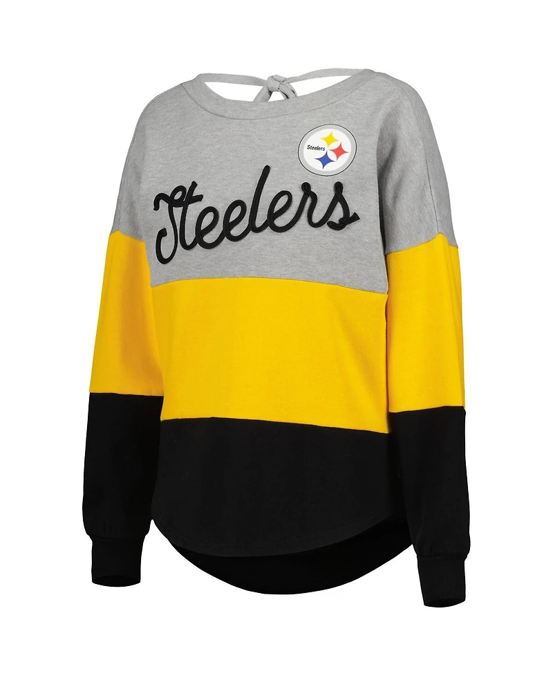 Women's Touch Heathered Gray, Black Pittsburgh Steelers Outfield Deep V-Back Pullover Sweatshirt