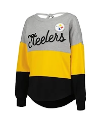 Women's Touch Heathered Gray, Black Pittsburgh Steelers Outfield Deep V-Back Pullover Sweatshirt