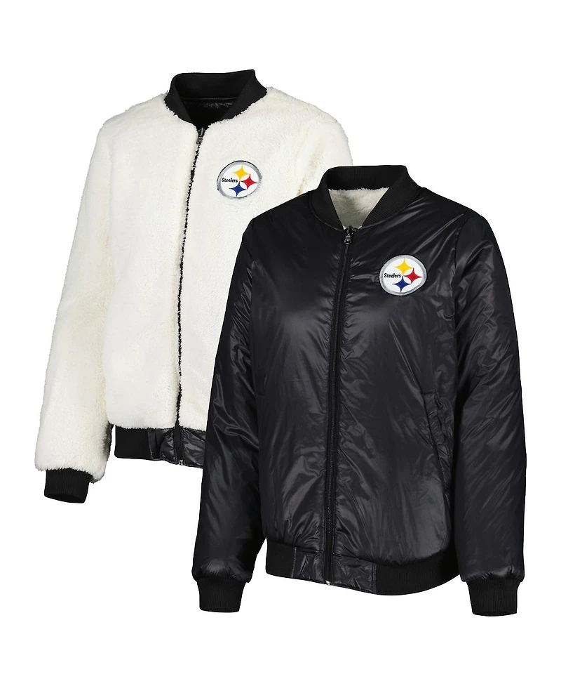 Women's G-iii 4Her by Carl Banks Oatmeal, Black Pittsburgh Steelers Switchback Reversible Full-Zip Jacket