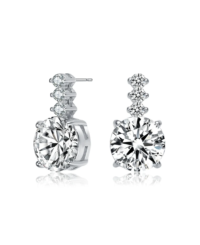 Gv Sterling Silver with White Gold Plated Clear Round Cubic Zirconia Linear Drop Earrings