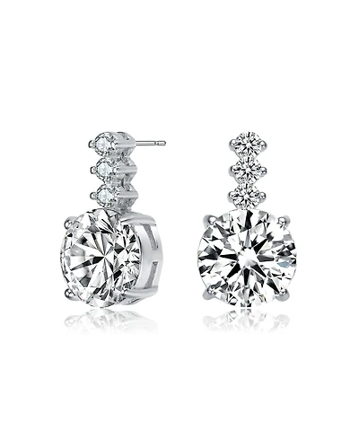 Gv Sterling Silver with White Gold Plated Clear Round Cubic Zirconia Linear Drop Earrings
