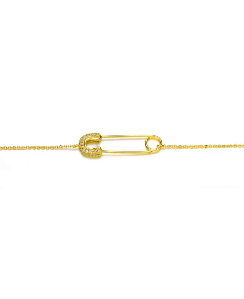 Sterling Silver 14K Gold Plated Clear Cubic Zirconia Pin Adjustable Bracelet