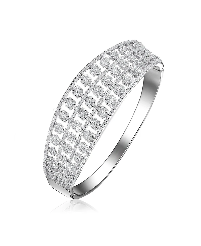 Sterling Silver with White Gold Plated Clear Round Cubic Zirconia Flower Style Bangle Bracelet