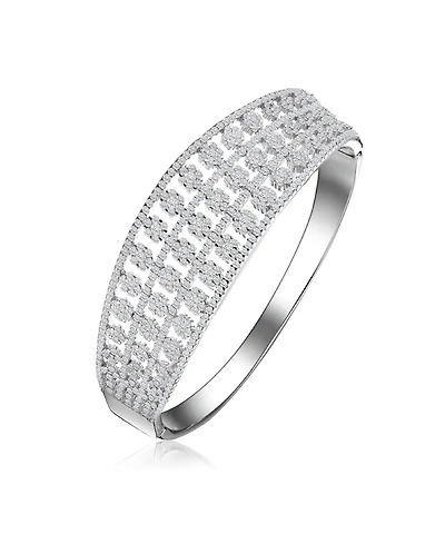 Sterling Silver with White Gold Plated Clear Round Cubic Zirconia Flower Style Bangle Bracelet