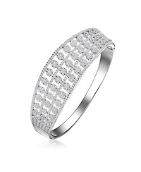 Sterling Silver with White Gold Plated Clear Round Cubic Zirconia Flower Style Bangle Bracelet