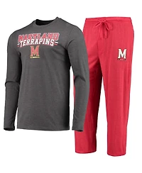Men's Concepts Sport Red, Heathered Charcoal Maryland Terrapins Meter Long Sleeve T-shirt and Pants Sleep Set