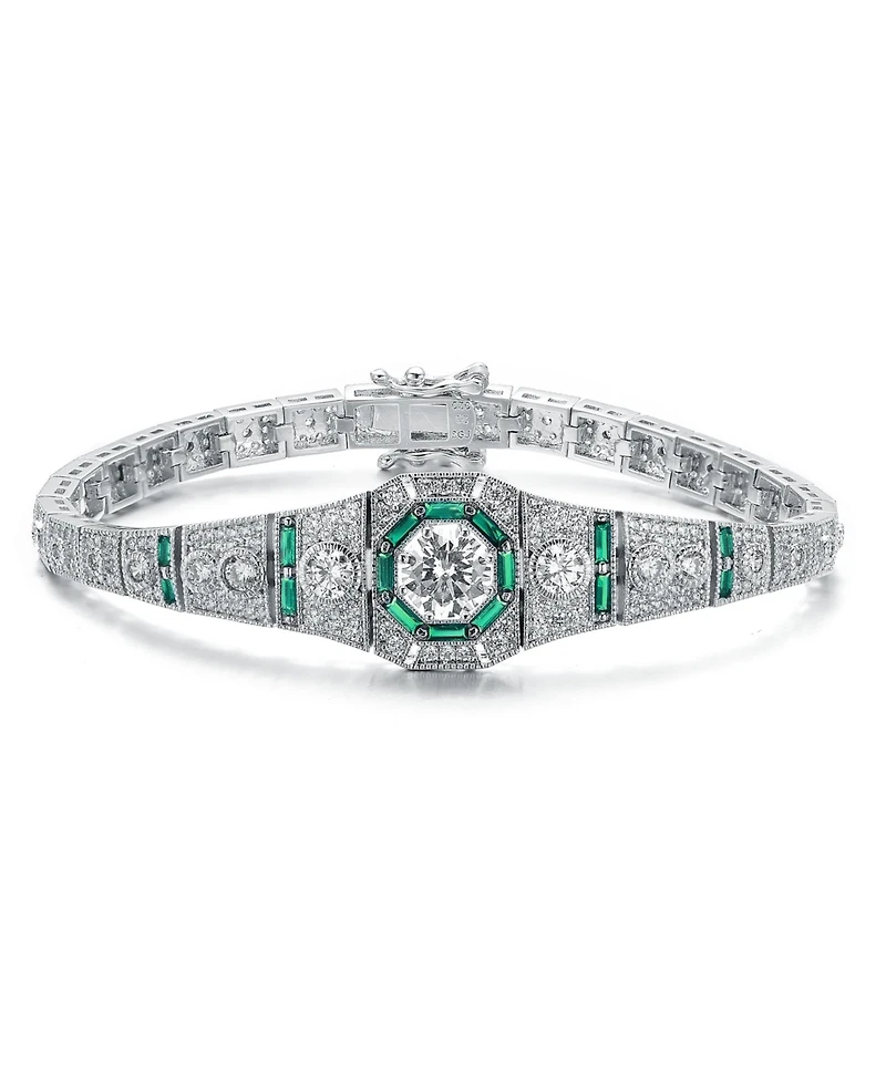 Sterling Silver Clear Round and Circle Baguette Cubic Zirconia Link Bracelet