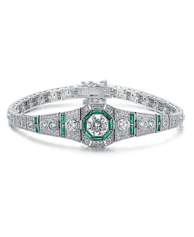 Sterling Silver Clear Round and Circle Baguette Cubic Zirconia Link Bracelet