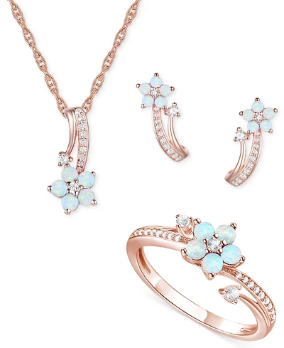 3-Pc. Set Amethyst (1 ct. t.w.) & Lab-Grown White Sapphire (3/8 ct. t.w.) Flower Pendant Necklace, Stud Earrings, & Ring in Sterling Silver (Also in A