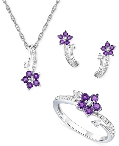 3-Pc. Set Amethyst (1 ct. t.w.) & Lab-Grown White Sapphire (3/8 Flower Pendant Necklace, Stud Earrings, Ring Sterling Silver (Also A