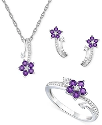 3-Pc. Set Amethyst (1 ct. t.w.) & Lab-Grown White Sapphire (3/8 Flower Pendant Necklace, Stud Earrings, Ring Sterling Silver (Also A
