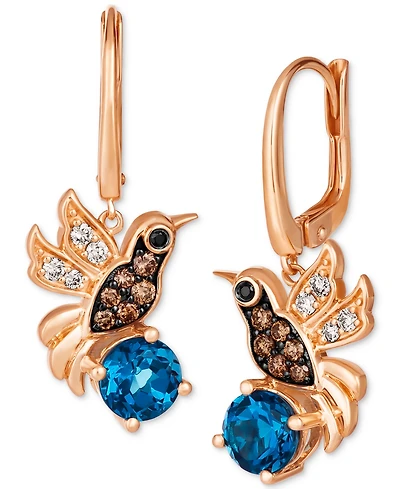 Le Vian Deep Sea Blue Topaz (1-1/2 ct. t.w.) & Diamond (1/3 ct. t.w.) Hummingbird Leverback Drop Earrings in 14k Rose Gold