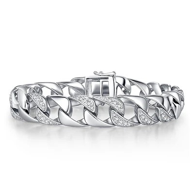 Men's Sterling Silver Iced Out Cubic Zirconia Miami Cuban Chain Bracelet