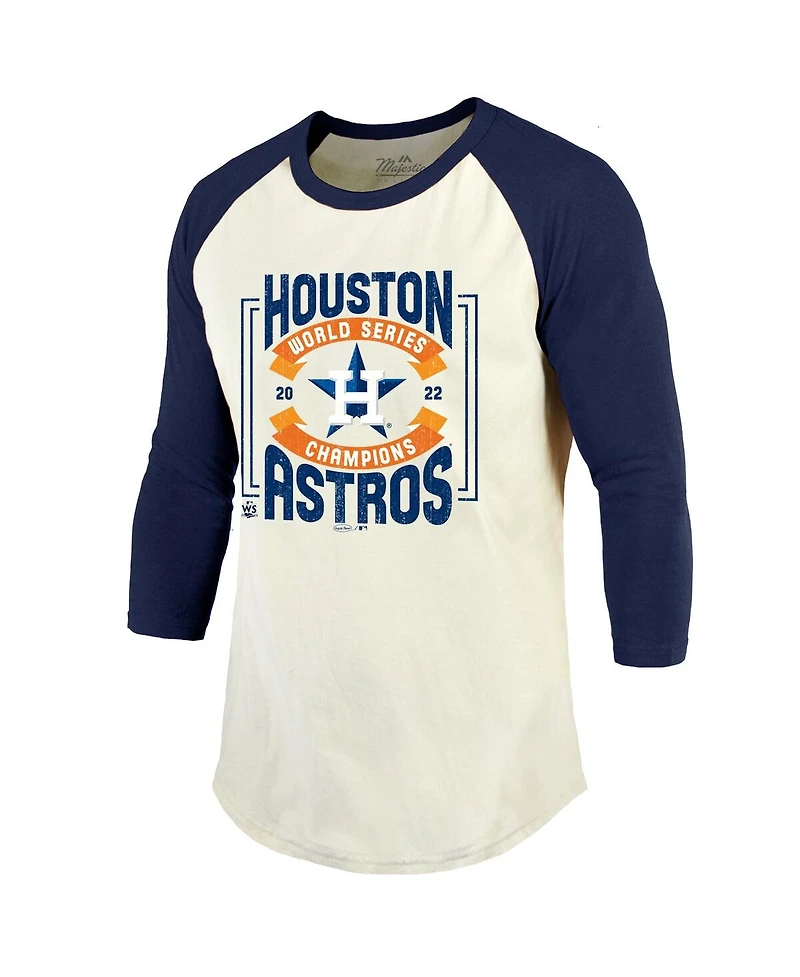 Men's Majestic Threads Cream, Navy Houston Astros 2022 World Series Champions Divide And Conquer Tri-Blend Raglan 3/4-Sleeve T-shirt