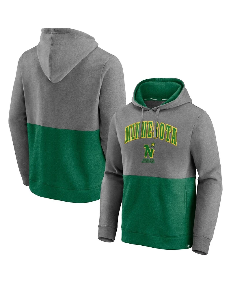 Men's Fanatics Heathered Gray and Kelly Green Minnesota North Stars Block Party Classic Arch Signature Pullover Hoodie