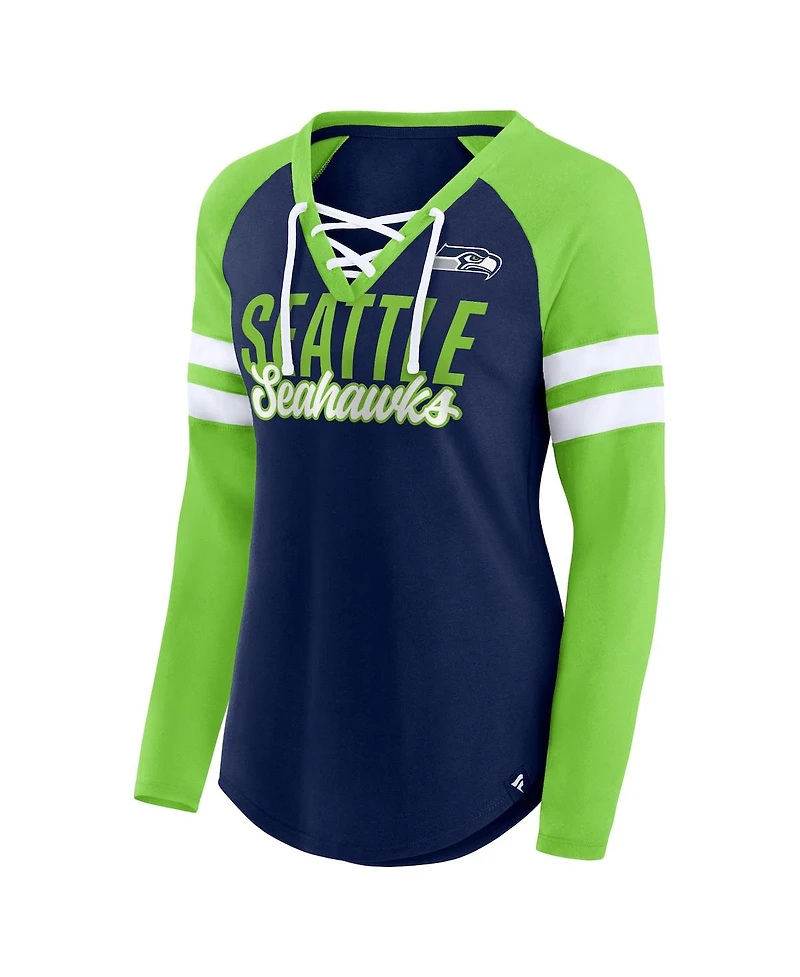 Women's Fanatics College Navy, Neon Green Seattle Seahawks True to Form Raglan Lace-Up V-Neck Long Sleeve T-shirt