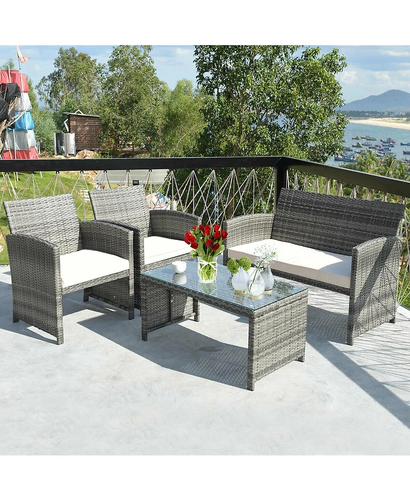 Costway 4PCS Rattan Patio Furniture Set Garden Lawn Sofa Cushioned Seat