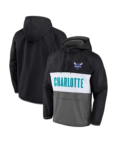 Men's Fanatics Black, Gray Charlotte Hornets Team Leader Iconic Colorblock Anorak Raglan Quarter-Zip Hoodie
