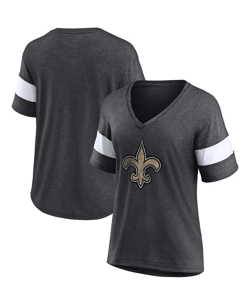 Women's Fanatics Heathered Charcoal, White New Orleans Saints Distressed Team Tri-Blend V-Neck T-shirt