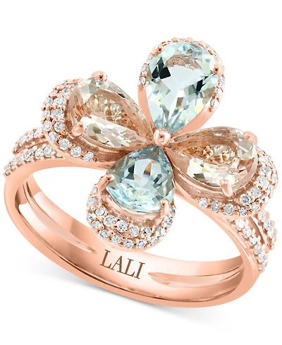 Lali Jewels Morganite (1-1/3 ct. t.w.), Aquamarine (1-1/4 ct. t.w.), & Diamond (1/3 ct. t.w.) Flower Ring in 14k Rose Gold
