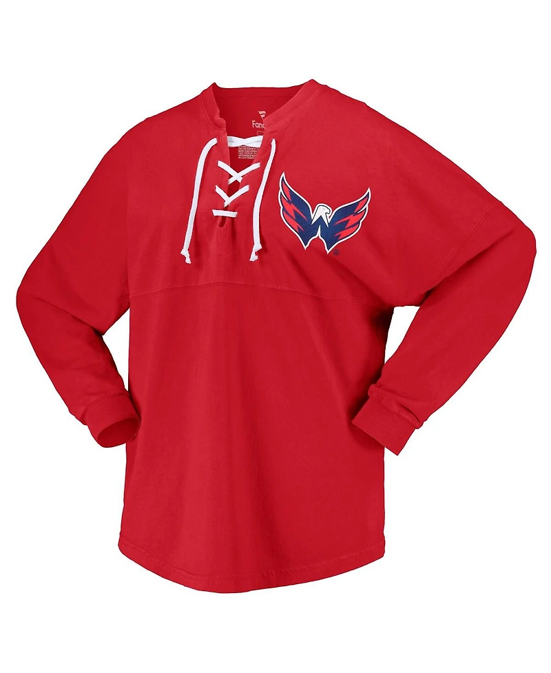 Women's Fanatics Red Washington Capitals Spirit Lace-Up V-Neck Long Sleeve Jersey T-shirt