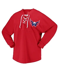 Women's Fanatics Red Washington Capitals Spirit Lace-Up V-Neck Long Sleeve Jersey T-shirt