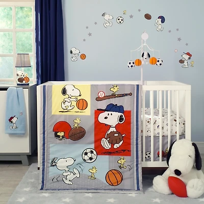 Bedtime Originals Snoopy Sports Gray/Blue/Yellow/Red 3-Piece Nursery Baby Crib Bedding Set