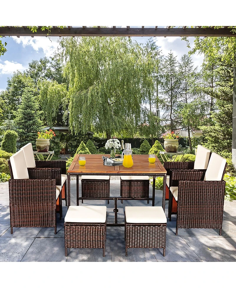 9PCS Patio Rattan Dining Set Cushioned Chairs Ottoman Wood Table Top