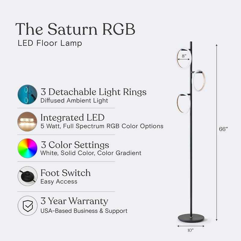 Saturn 66" Led Tree Floor Lamp with 3 Rgb Light Rings