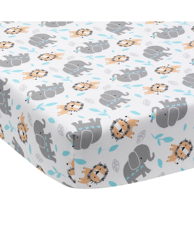 Bedtime Originals Baby Jungle Fun White/Gray/Blue Elephant & Lion Fitted Crib Sheet