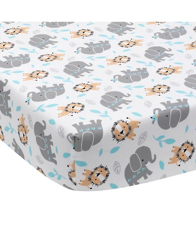 Bedtime Originals Baby Jungle Fun White/Gray/Blue Elephant & Lion Fitted Crib Sheet