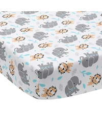 Bedtime Originals Baby Jungle Fun White/Gray/Blue Elephant & Lion Fitted Crib Sheet