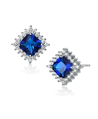 Cubic Zirconia Sterling Silver White Gold Plated Blue Square Shape Earrings