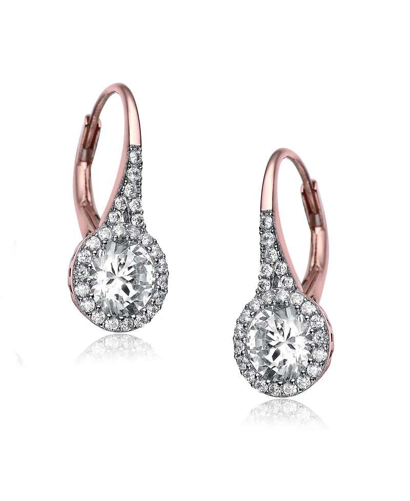 Sterling Silver Clear Round Cubic Zirconia Partially Paved and Haloed Solitaire Drop Earrings