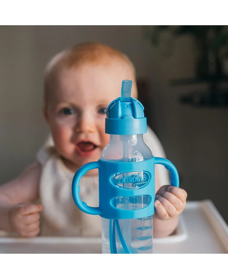 Dr. Browns Baby Narrow Sippy Straw Bottle with 100% Silicone Handles, 8oz, Blue