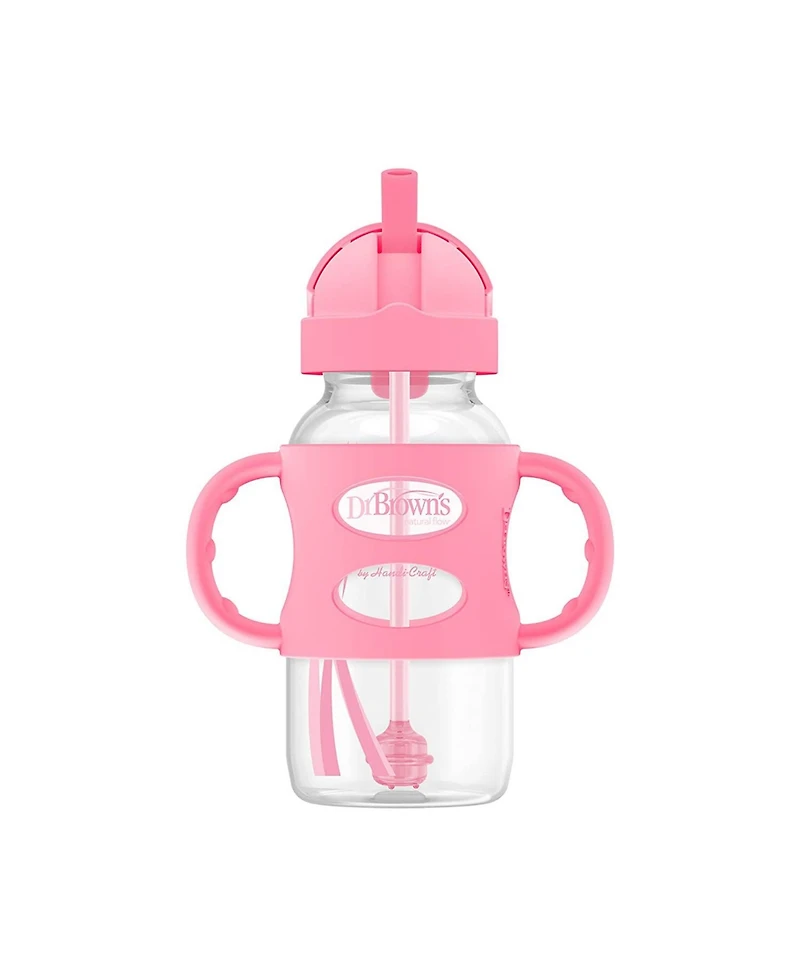 Dr. Browns Baby Wide-Neck Sippy Straw Bottle with 100% Silicone Handles, 9oz, Pink