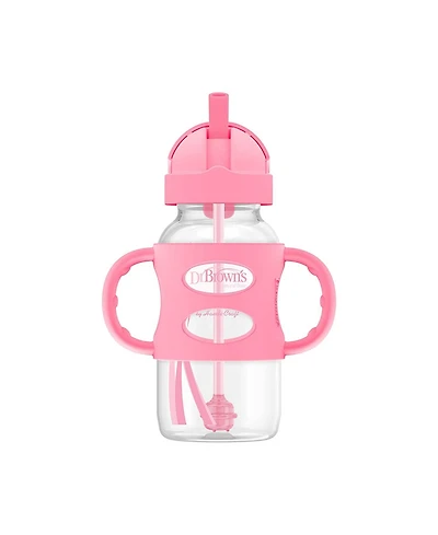 Dr. Browns Baby Wide-Neck Sippy Straw Bottle with 100% Silicone Handles, 9oz, Pink