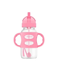 Dr. Browns Baby Wide-Neck Sippy Straw Bottle with 100% Silicone Handles, 9oz, Pink