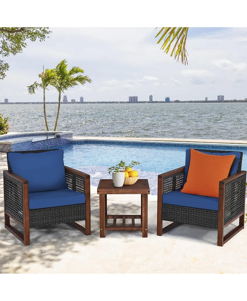 3PCS Patio Wicker Furniture Set Solid Wood Frame Cushion Sofa w/ Square Table Shelf